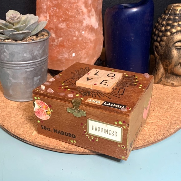 Handmade Upcycled Wooden Stash Box Organizer Rose Quartz Crystal Brass Closure - Picture 3 of 16